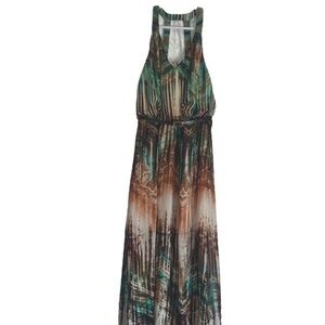 Bisou Bisou Maxi Dress Sleeveless V Neck White Green Brown Woman’s Size 16